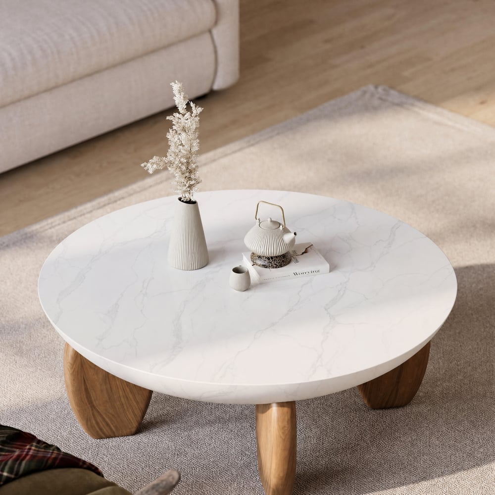 Curva 37" Round Concrete Walnut Coffee Table with Wood Legs window image