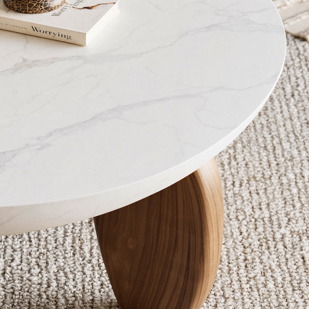 Curva 37" Round Concrete Walnut Coffee Table with Wood Legs window image