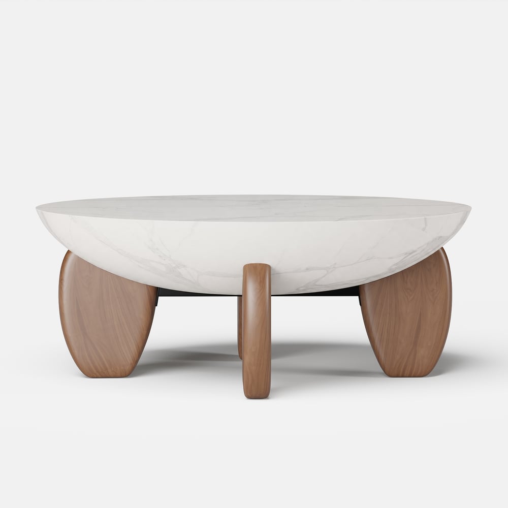 Curva 37" Round Concrete Walnut Coffee Table with Wood Legs window image