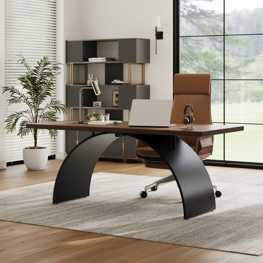 Industrial 71" Rectangular Walnut Wood Desk with Metal Base window image