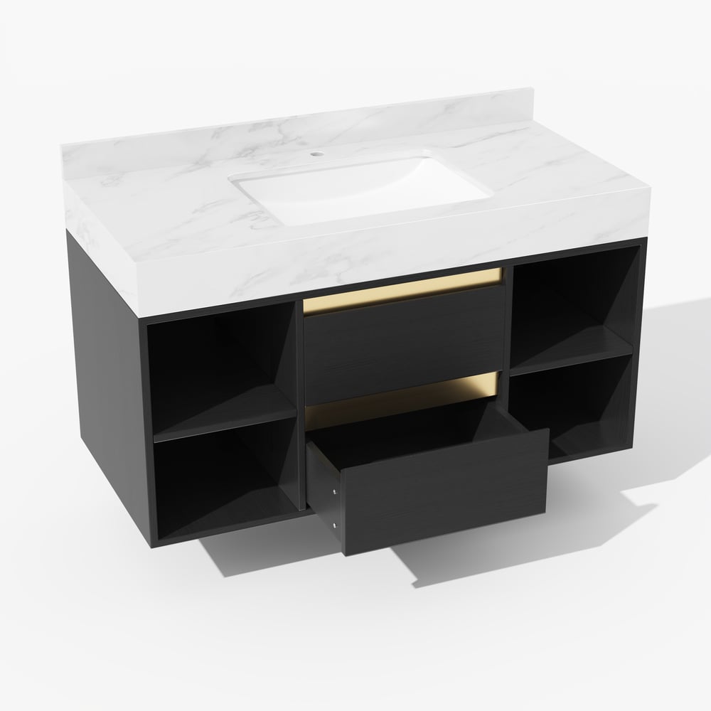 Modern 1001 mm Floating Single Bathroom Vanity with Sink in Black, Sintered Stone Top window image