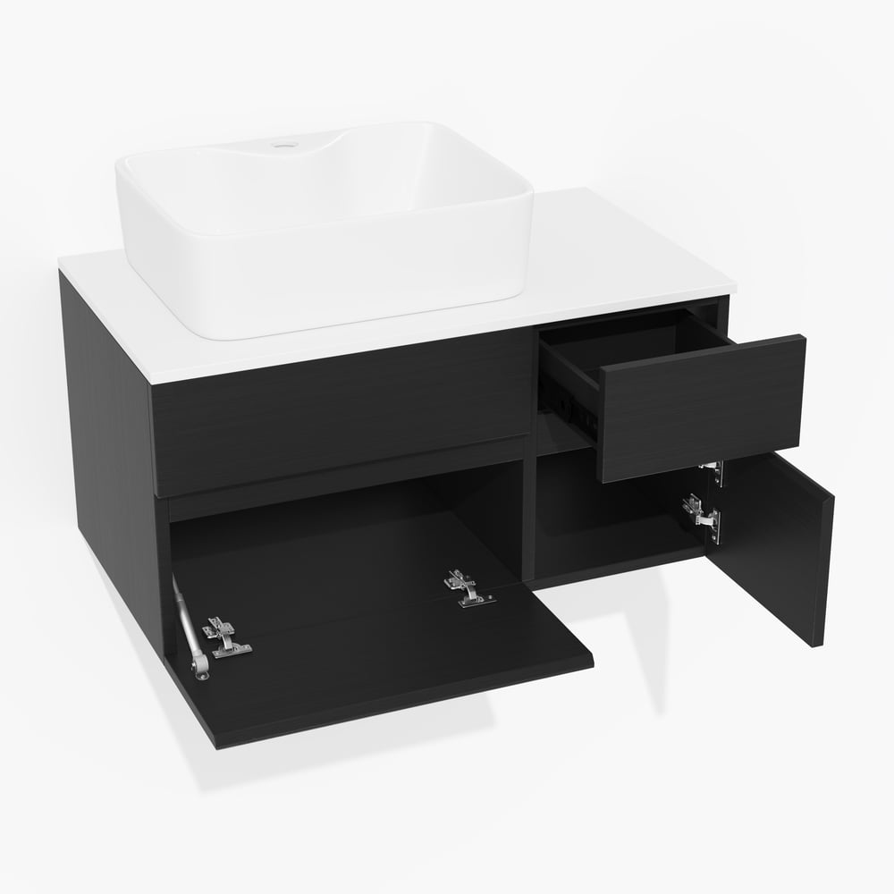Moderní závěsná koupelnová skříňka 80 cm s deskou z kamenné pryskyřice a keramickým umyvadlem obrázek okna