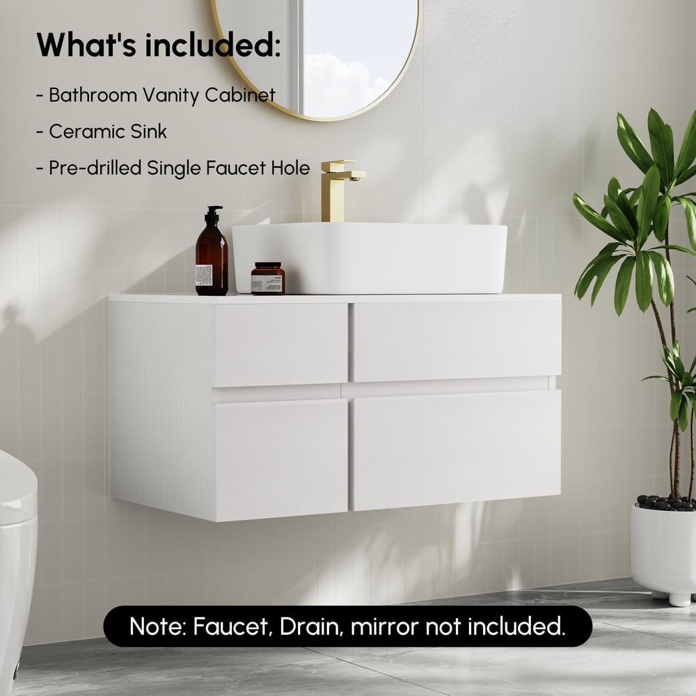 Meuble-lavabo simple de salle de bain flottant moderne de 80 cm avec plateau en résine de pierre, vasque en céramique image de fenêtre