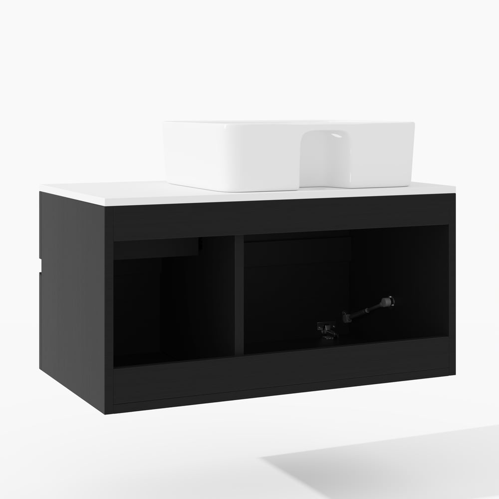 Moderní závěsná koupelnová skříňka 80 cm s deskou z kamenné pryskyřice a keramickým umyvadlem obrázek okna