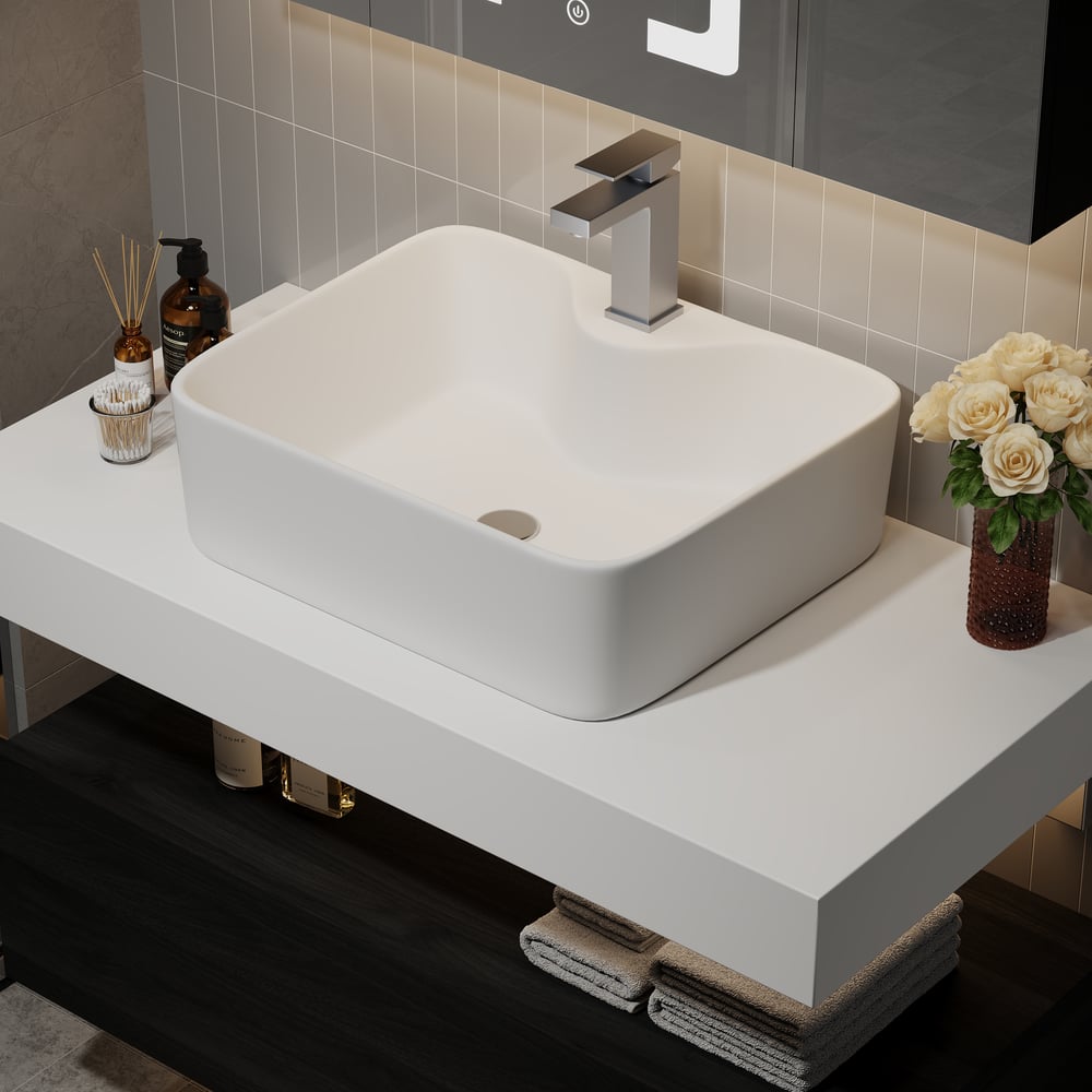 Meuble-lavabo simple flottant Modena de 90 cm avec évier, plan en pierre frittée image de fenêtre