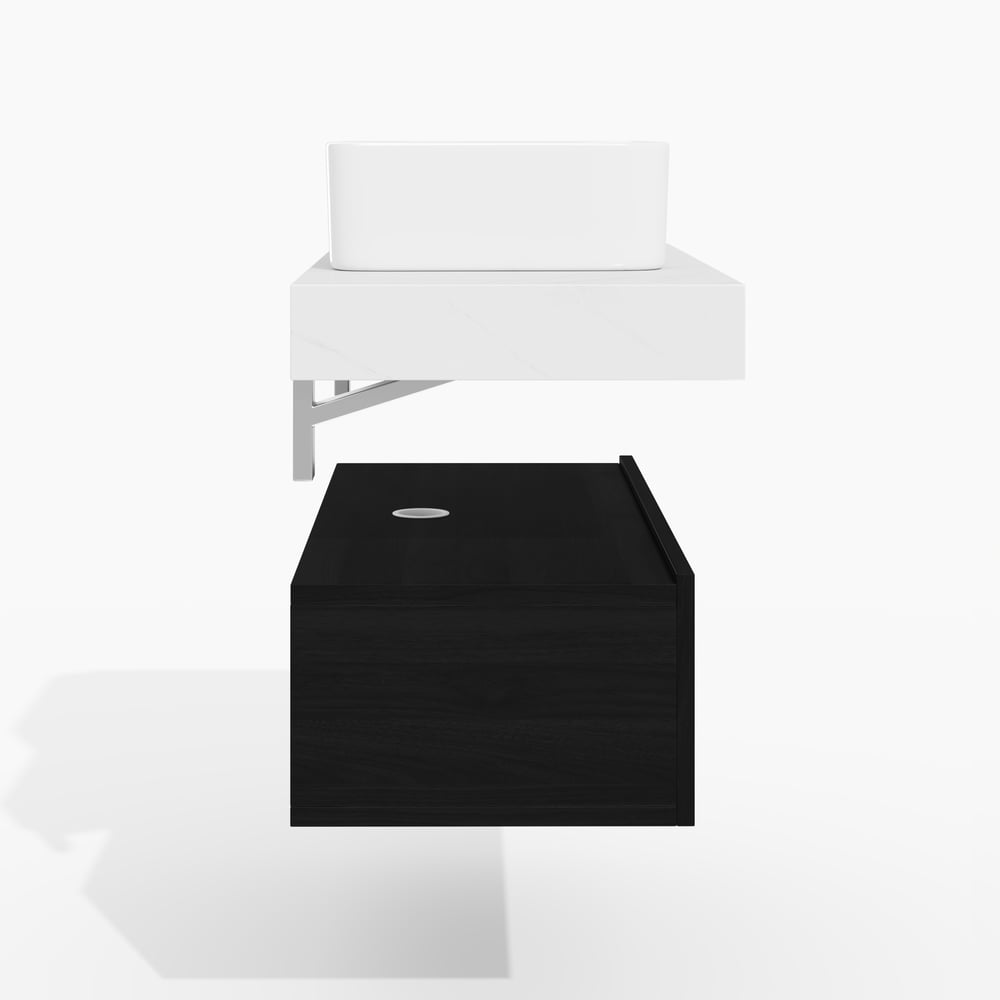 Meuble-lavabo simple flottant Modena de 90 cm avec évier, plan en pierre frittée image de fenêtre