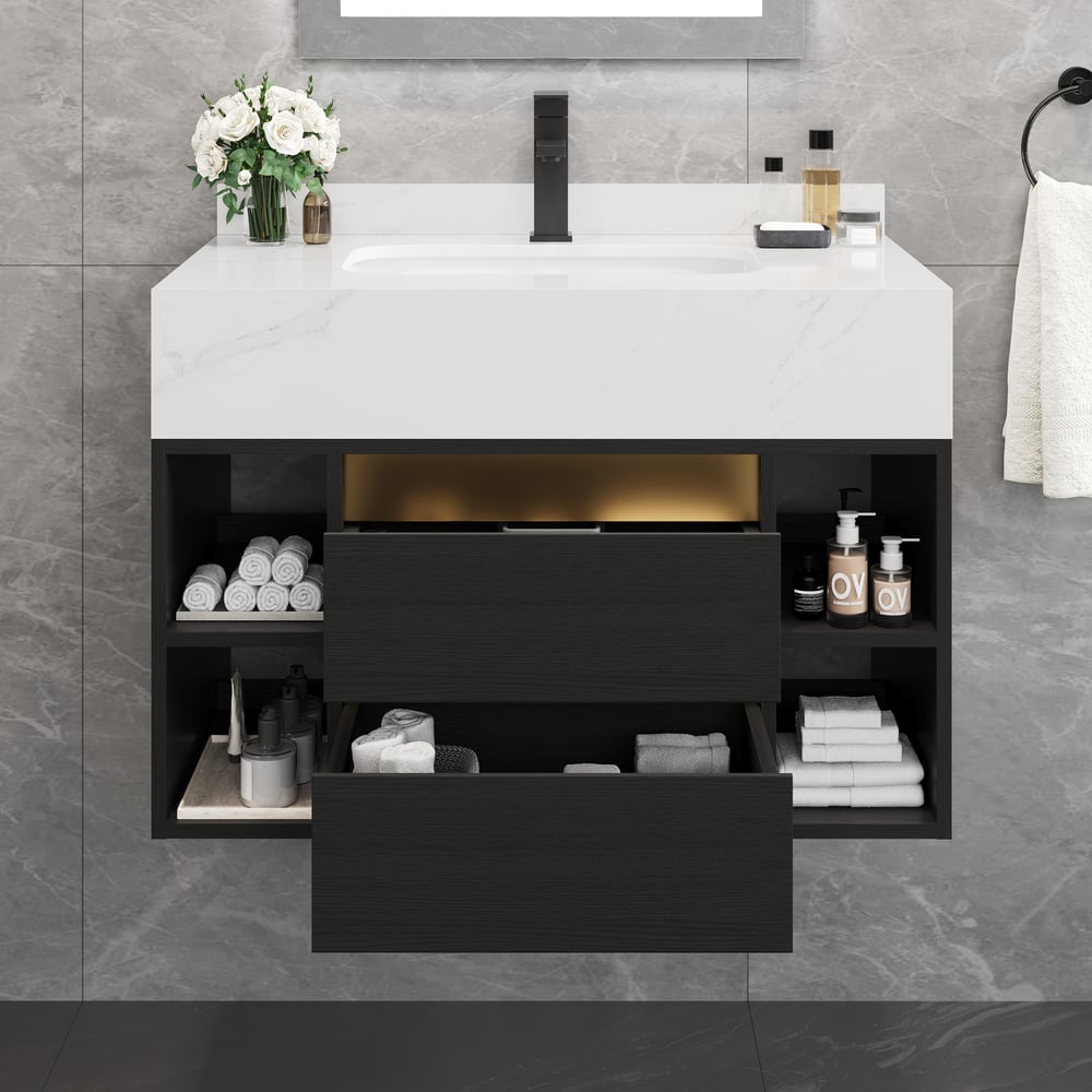 Avis Clients sur Meuble-lavabo simple flottant de 80 cm Moderne avec évier en Noir, plateau en pierre frittée