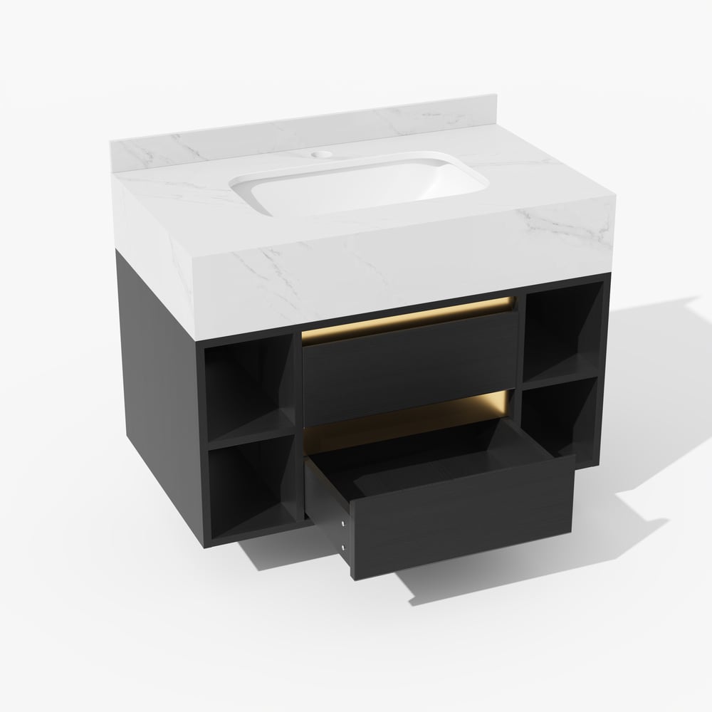 Modern 800 mm Floating Single Bathroom Vanity with Sink in Black, Sintered Stone Top window image
