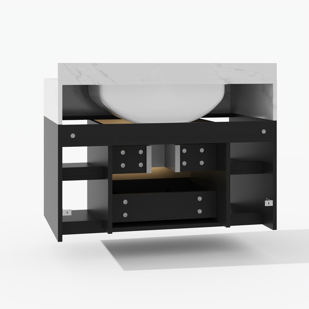 Modern 800 mm Floating Single Bathroom Vanity with Sink in Black, Sintered Stone Top window image