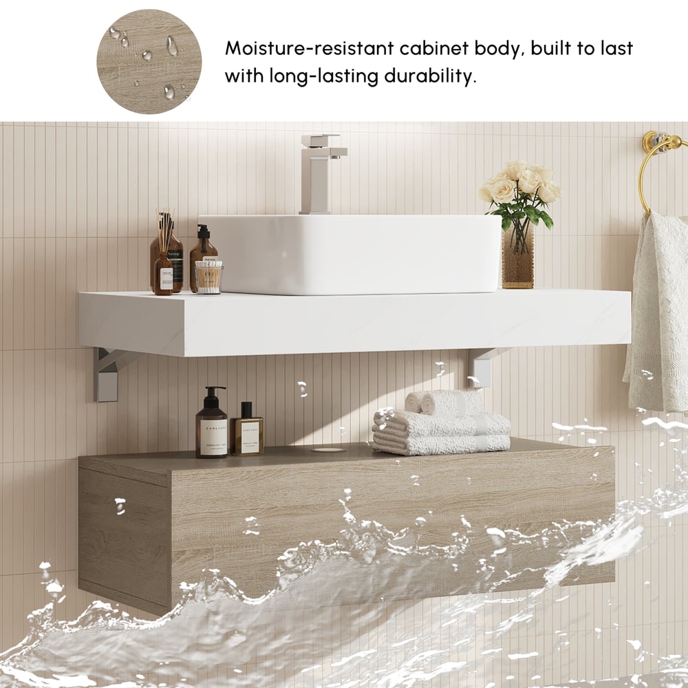 Modena 90 cm schwebender Einzel-Badezimmer-Waschtisch mit Waschbecken, Arbeitsplatte aus gesintertem Stein Schaufensterbilder