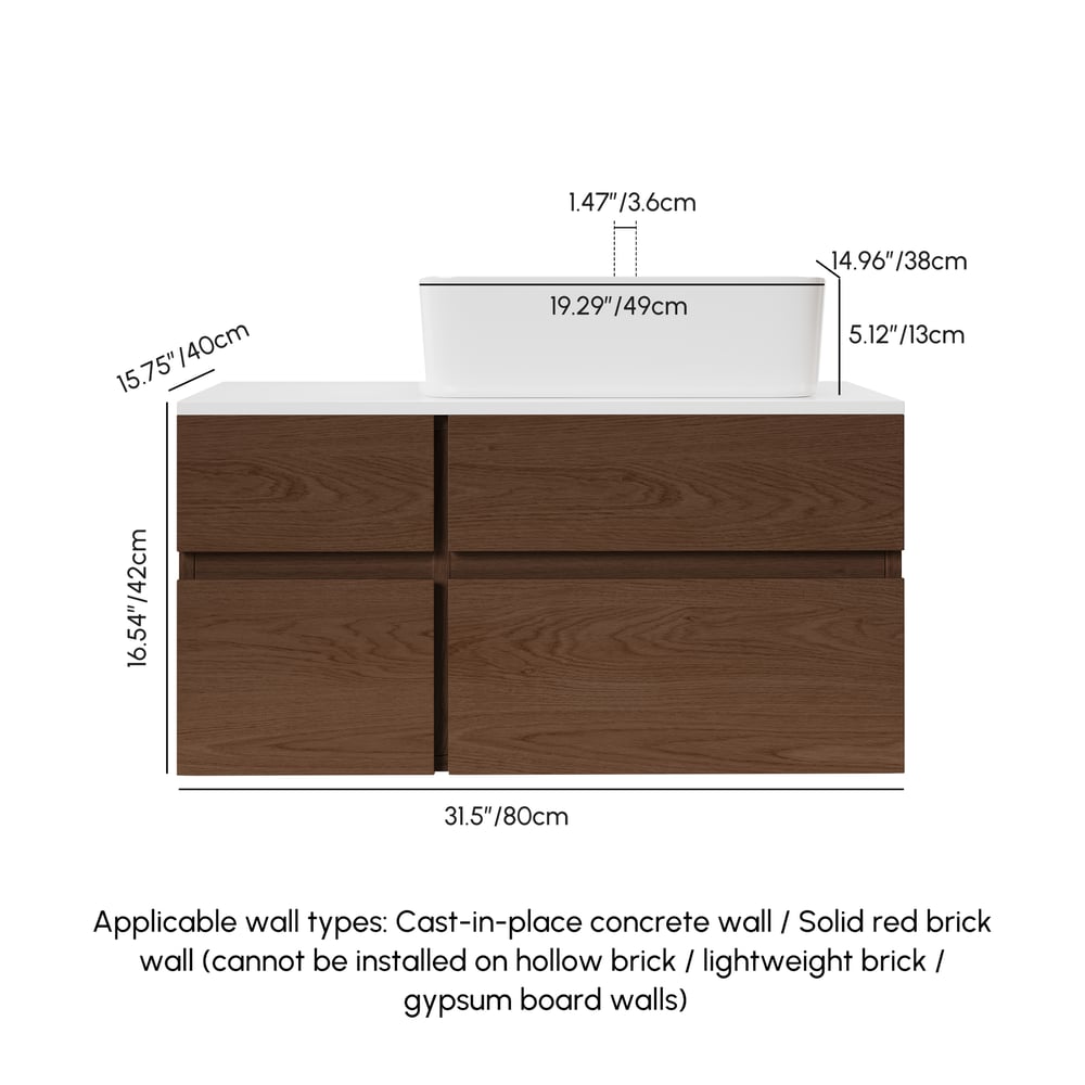 Modern 80 cm Floating Single Bathroom Vanity with Stone Resin Top, Ceramic Basin weights dimensions image