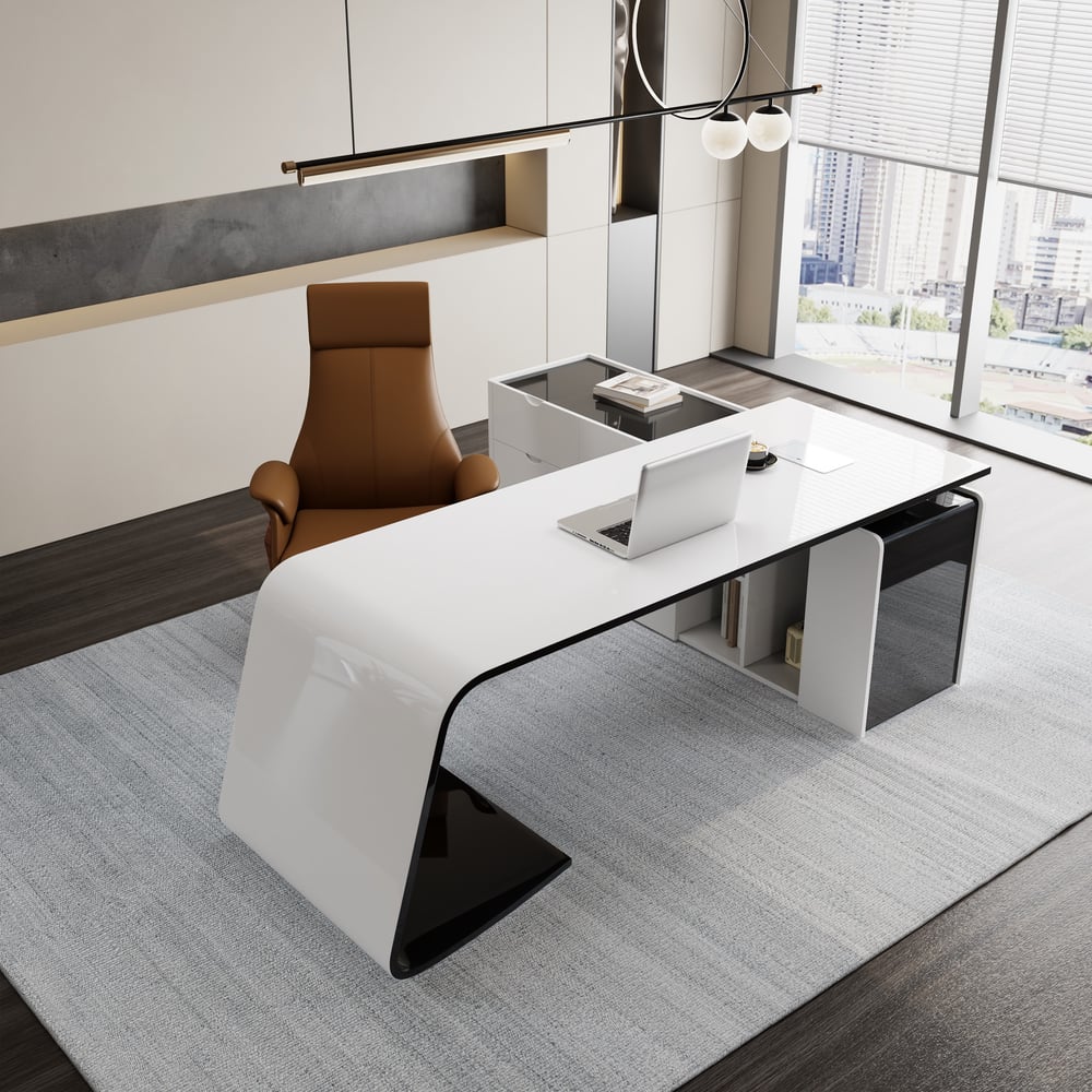 L-Shaped Left Hand Modern White Office Desk with Storage window image