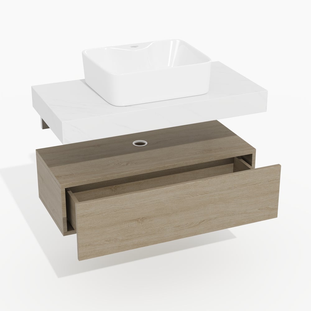 Modena 90 cm schwebender Einzel-Badezimmer-Waschtisch mit Waschbecken, Arbeitsplatte aus gesintertem Stein Schaufensterbilder