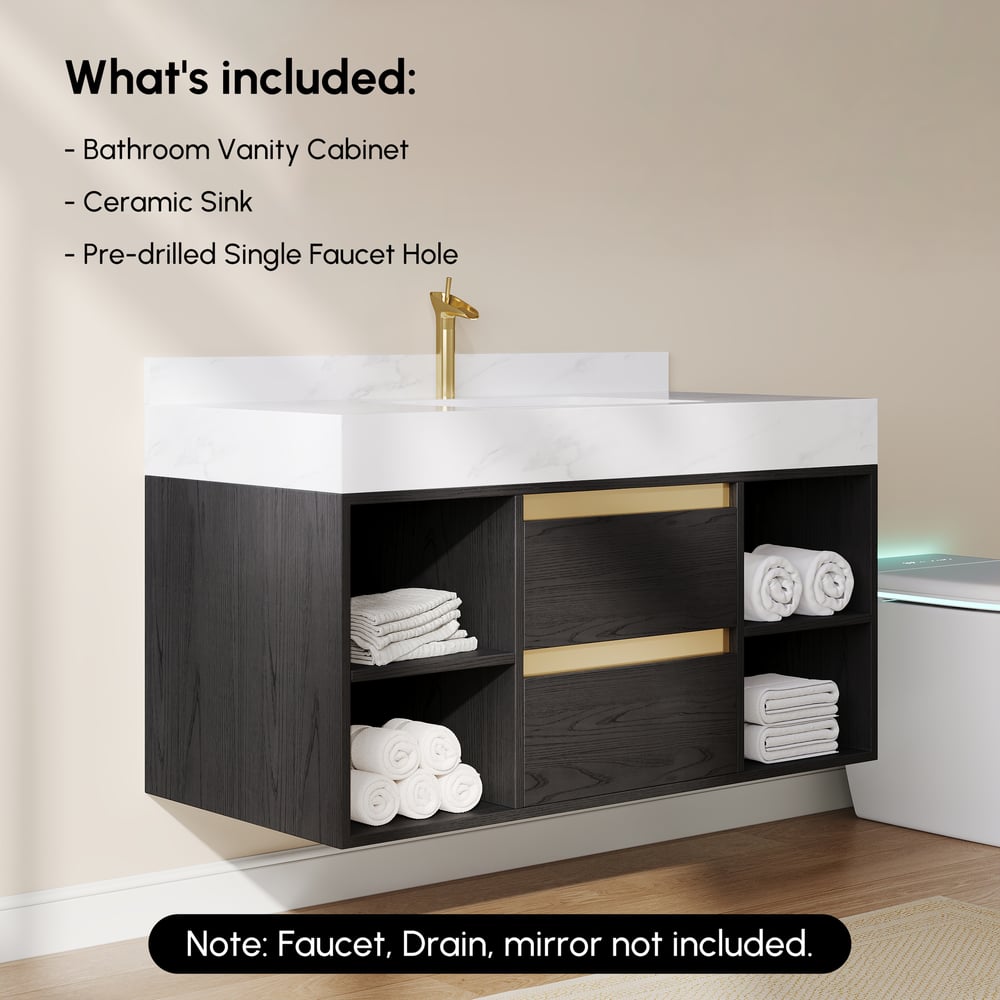 Modern 1001 mm Floating Single Bathroom Vanity with Sink in Black, Sintered Stone Top window image