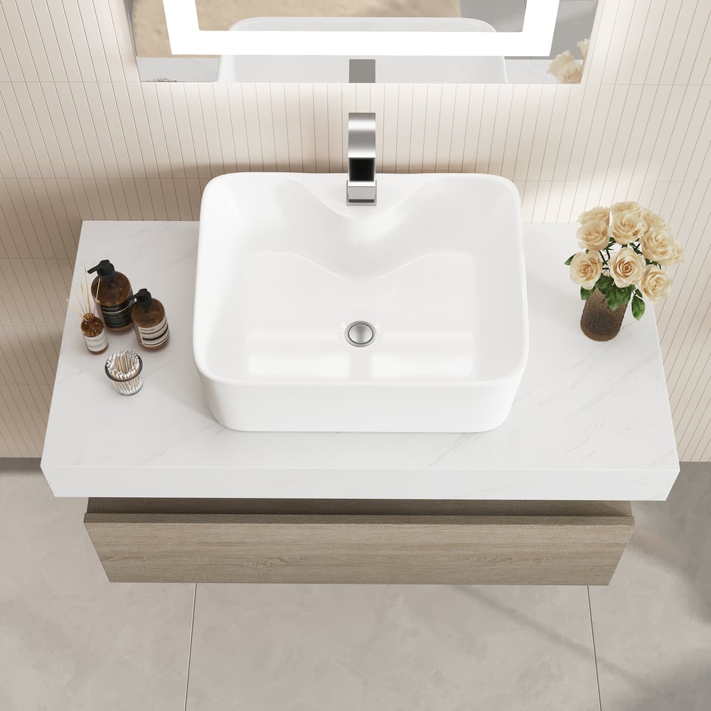 Modena 90 cm schwebender Einzel-Badezimmer-Waschtisch mit Waschbecken, Arbeitsplatte aus gesintertem Stein Schaufensterbilder