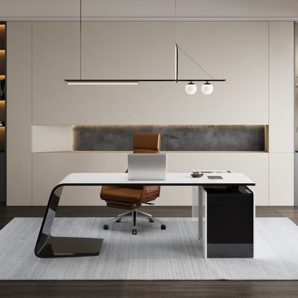 L-Shaped Left Hand Modern White Office Desk with Storage window image