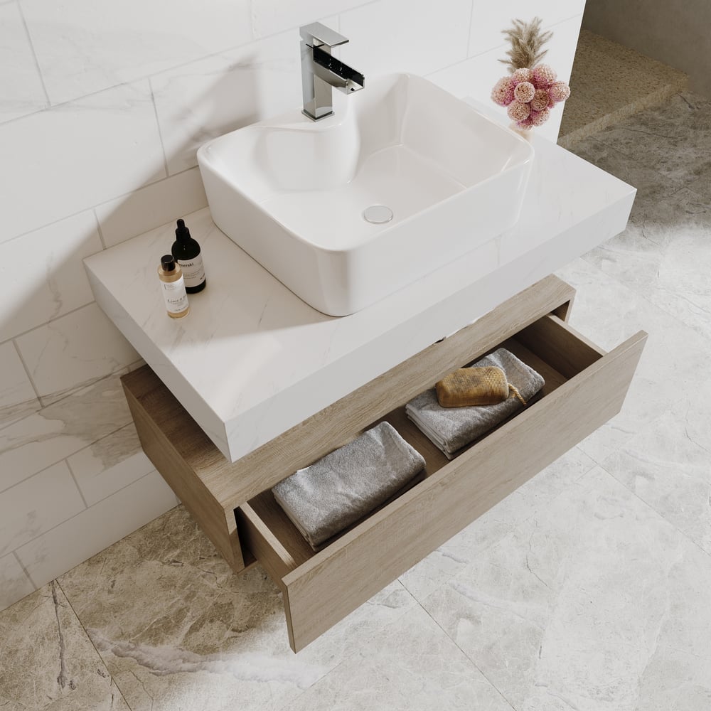 Modena 90 cm schwebender Einzel-Badezimmer-Waschtisch mit Waschbecken, Arbeitsplatte aus gesintertem Stein Schaufensterbilder
