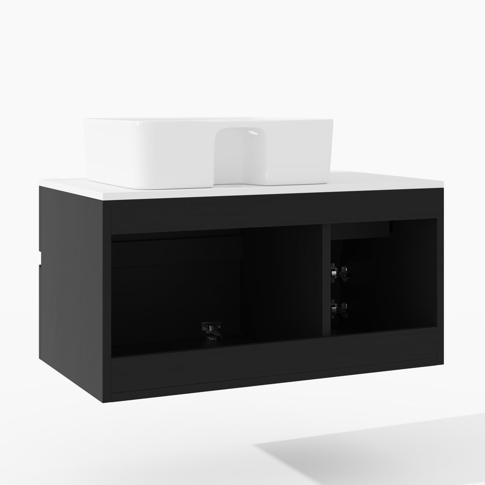 Modernes hängendes Einzel-Waschbeckenunterschrank 80 cm mit Steinharzplatte und Keramikbecken Schaufensterbilder