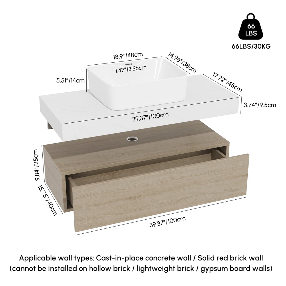 Modena 39.3" Floating Single Bathroom Vanity with Sink, Sintered Stone Top weights dimensions image
