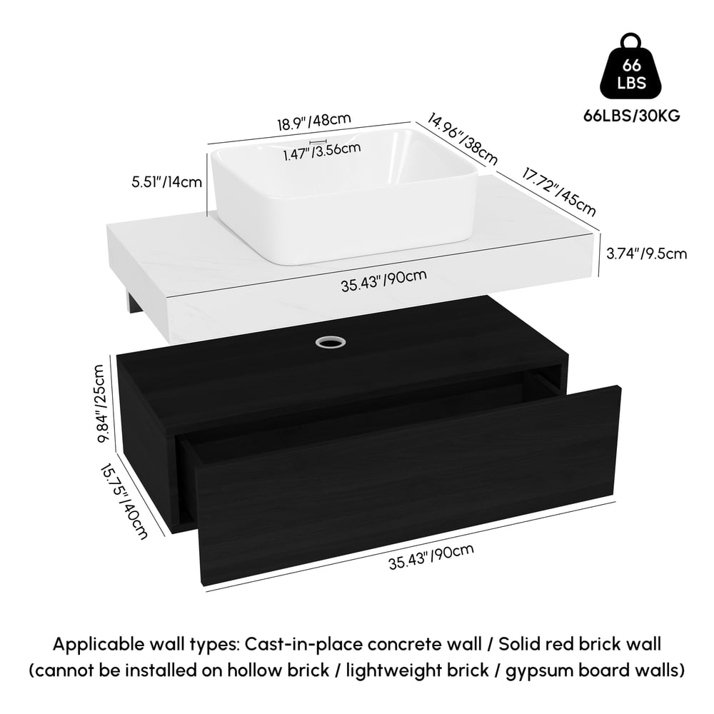 Meuble-lavabo simple flottant Modena de 90 cm avec évier, plan en pierre frittée Poids, dimensions, image