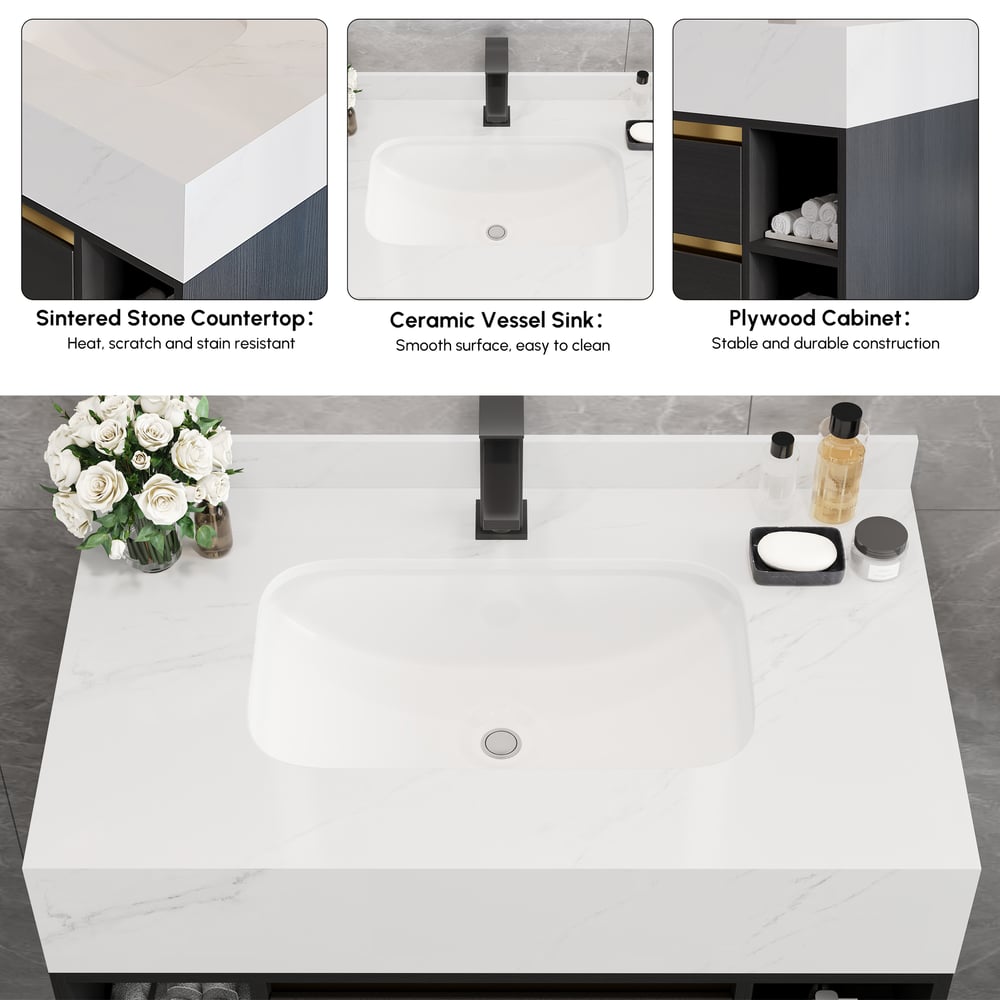Modern 800 mm Floating Single Bathroom Vanity with Sink in Black, Sintered Stone Top window image