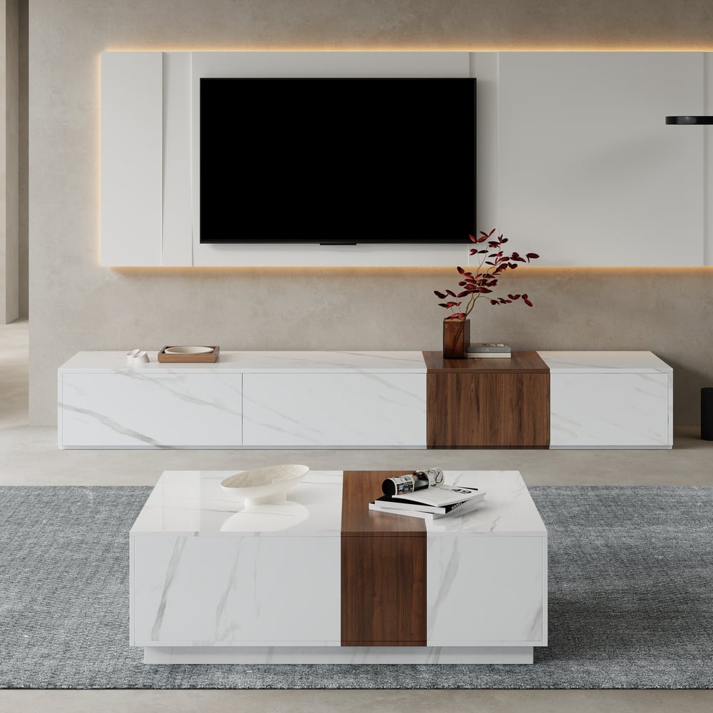 Vewal 1194 mm Marble & Walnut Veneer Block Coffee Table with 2 Drawers window image