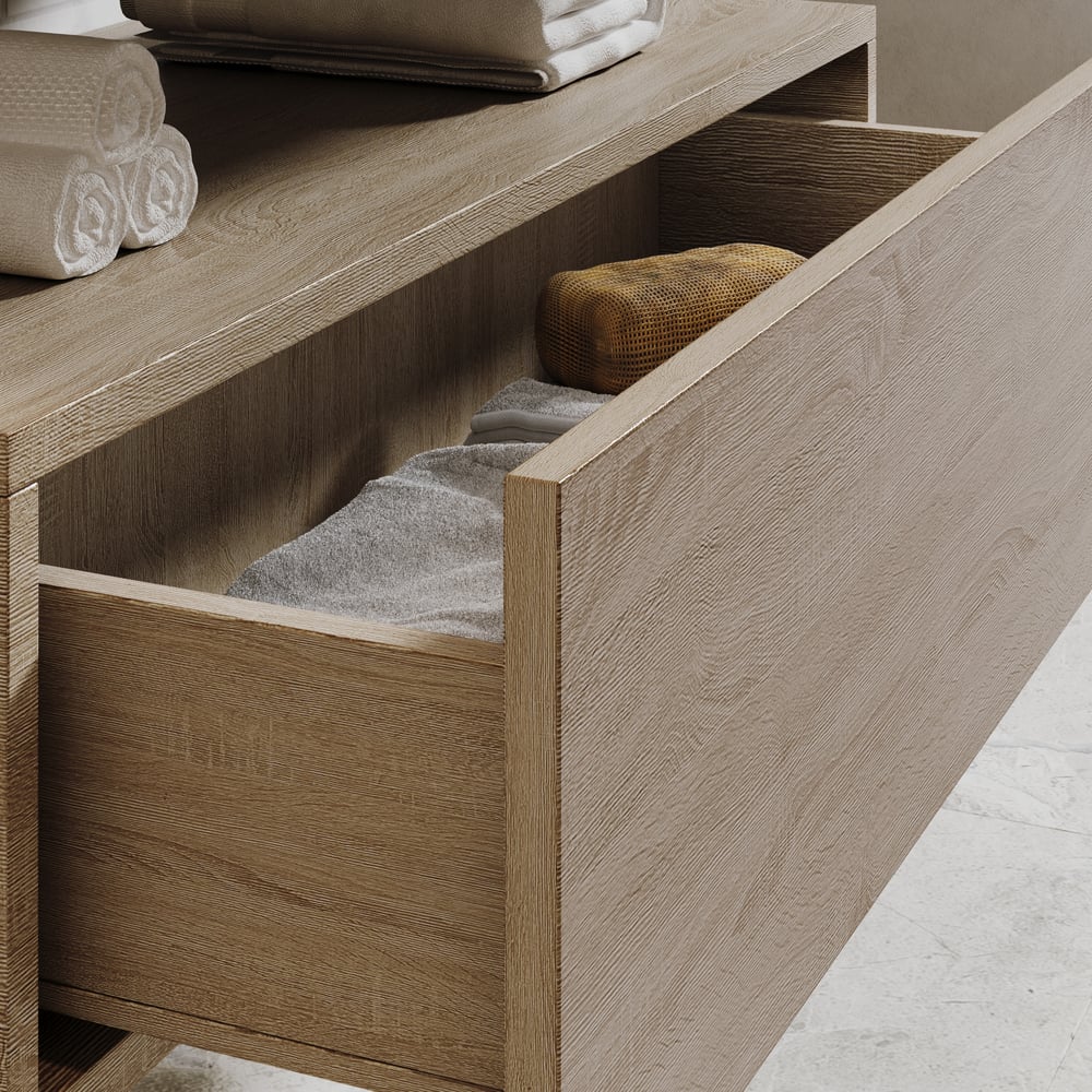 Modena 90 cm schwebender Einzel-Badezimmer-Waschtisch mit Waschbecken, Arbeitsplatte aus gesintertem Stein Schaufensterbilder