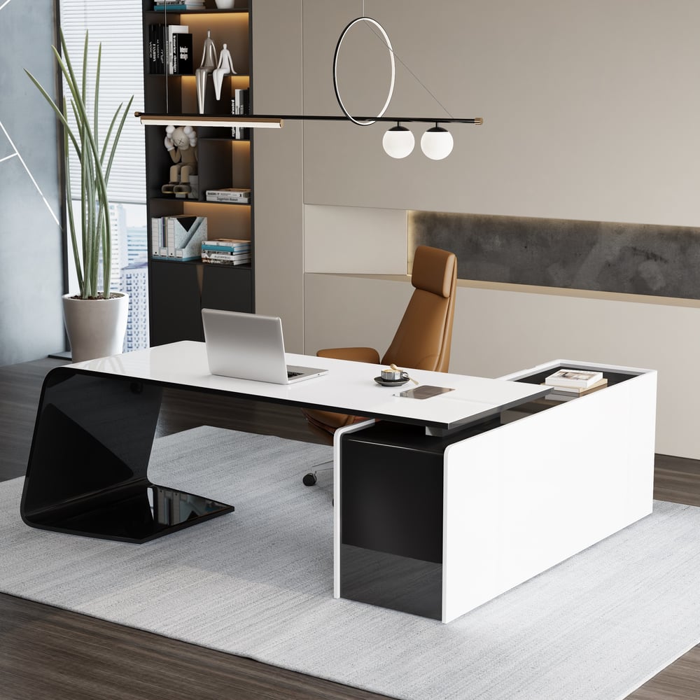 L-Shaped Left Hand Modern White Office Desk with Storage window image