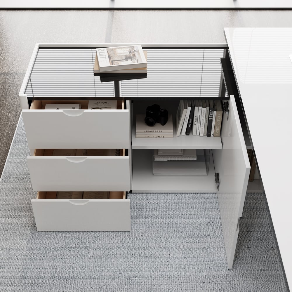 L-Shaped Left Hand Modern White Office Desk with Storage window image