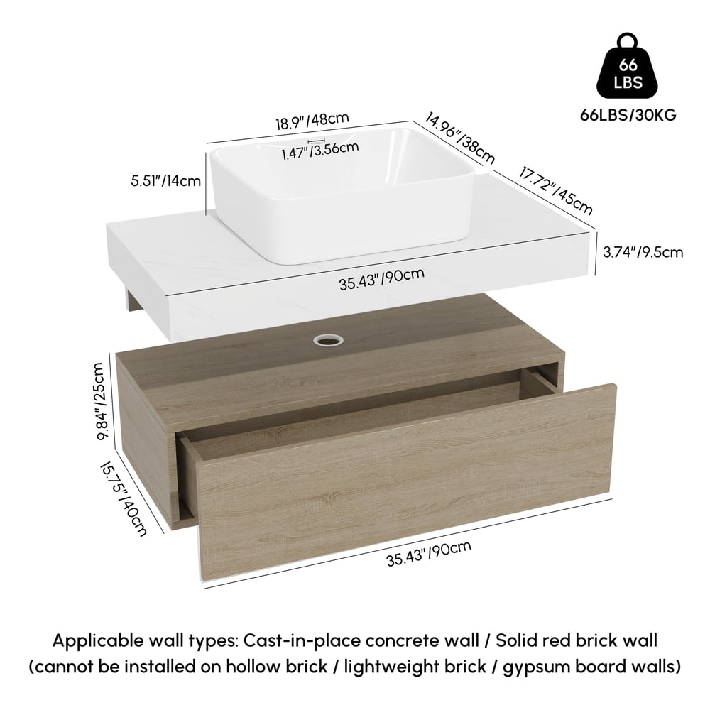 Modena 90 cm schwebender Einzel-Badezimmer-Waschtisch mit Waschbecken, Arbeitsplatte aus gesintertem Stein Bild der Gewichte & Abmessungen