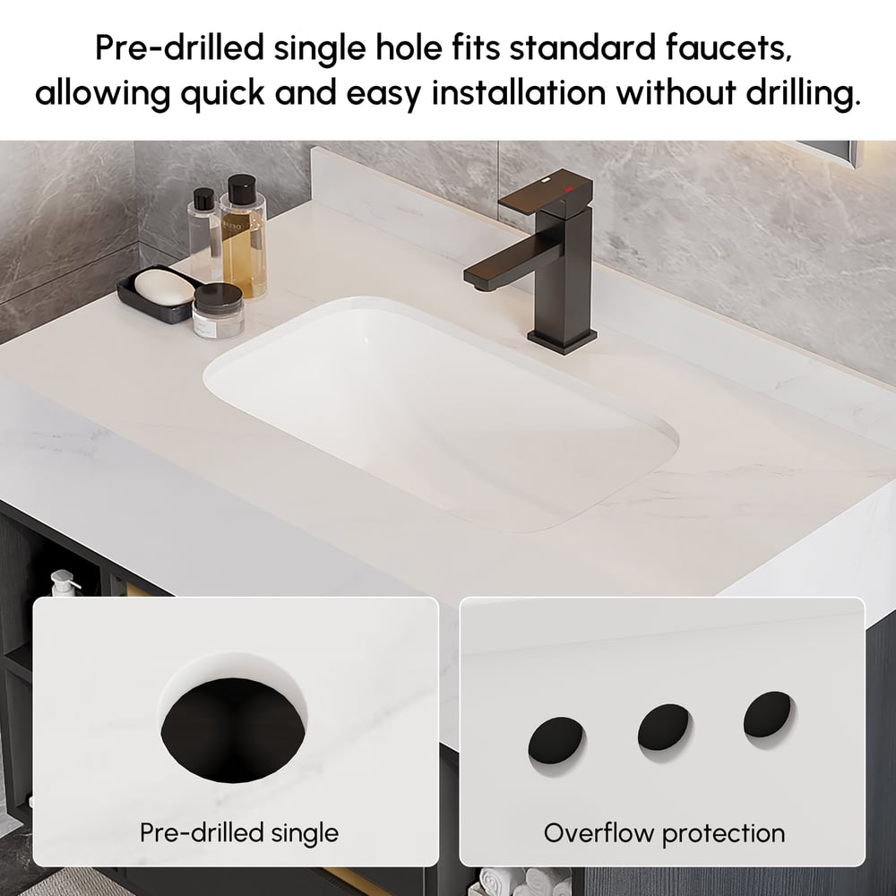 Modern 800 mm Floating Single Bathroom Vanity with Sink in Black, Sintered Stone Top window image