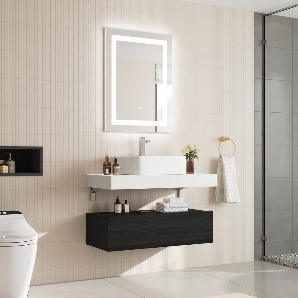 Meuble-lavabo simple flottant Modena de 90 cm avec évier, plan en pierre frittée image de fenêtre
