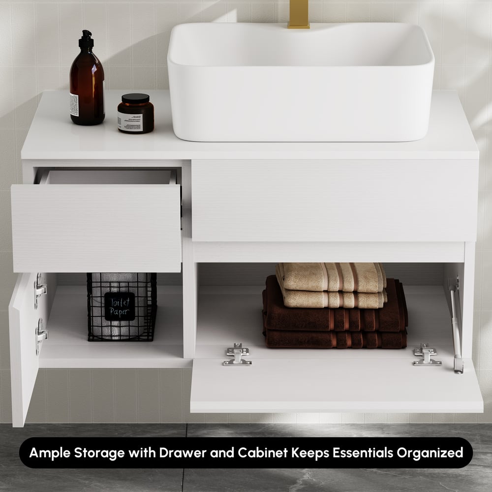 Meuble-lavabo simple de salle de bain flottant moderne de 80 cm avec plateau en résine de pierre, vasque en céramique image de fenêtre