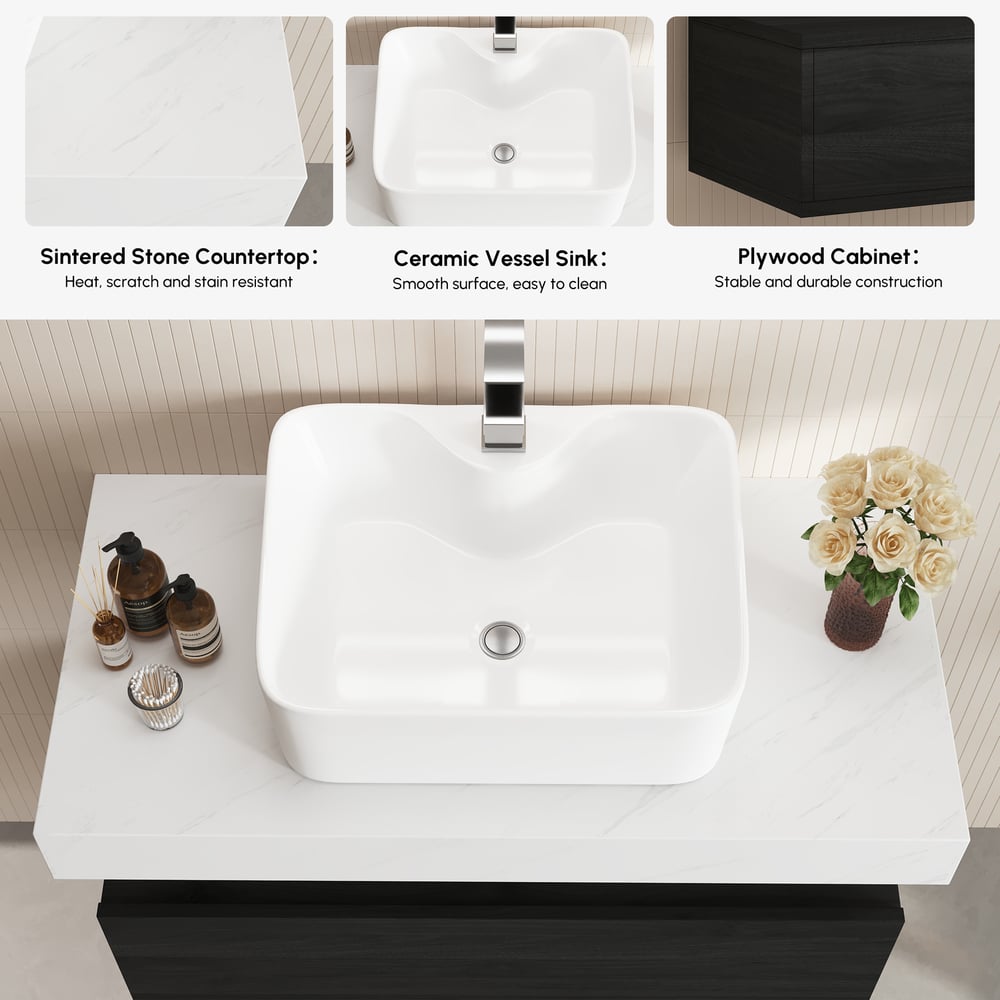 Meuble-lavabo simple flottant Modena de 90 cm avec évier, plan en pierre frittée image de fenêtre