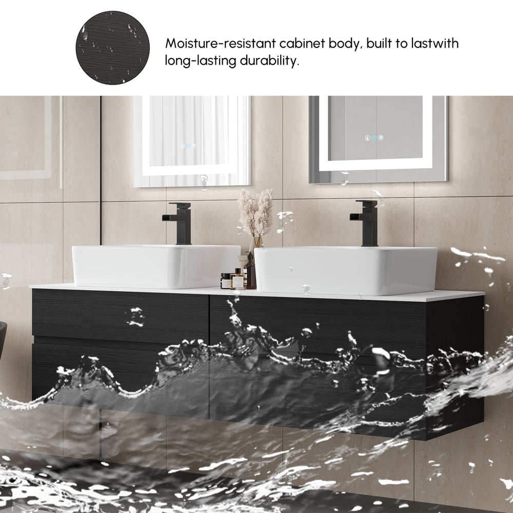 Modern 150 cm Floating Double Bathroom Vanity with Stone Resin Top, Ceramic Basin window image