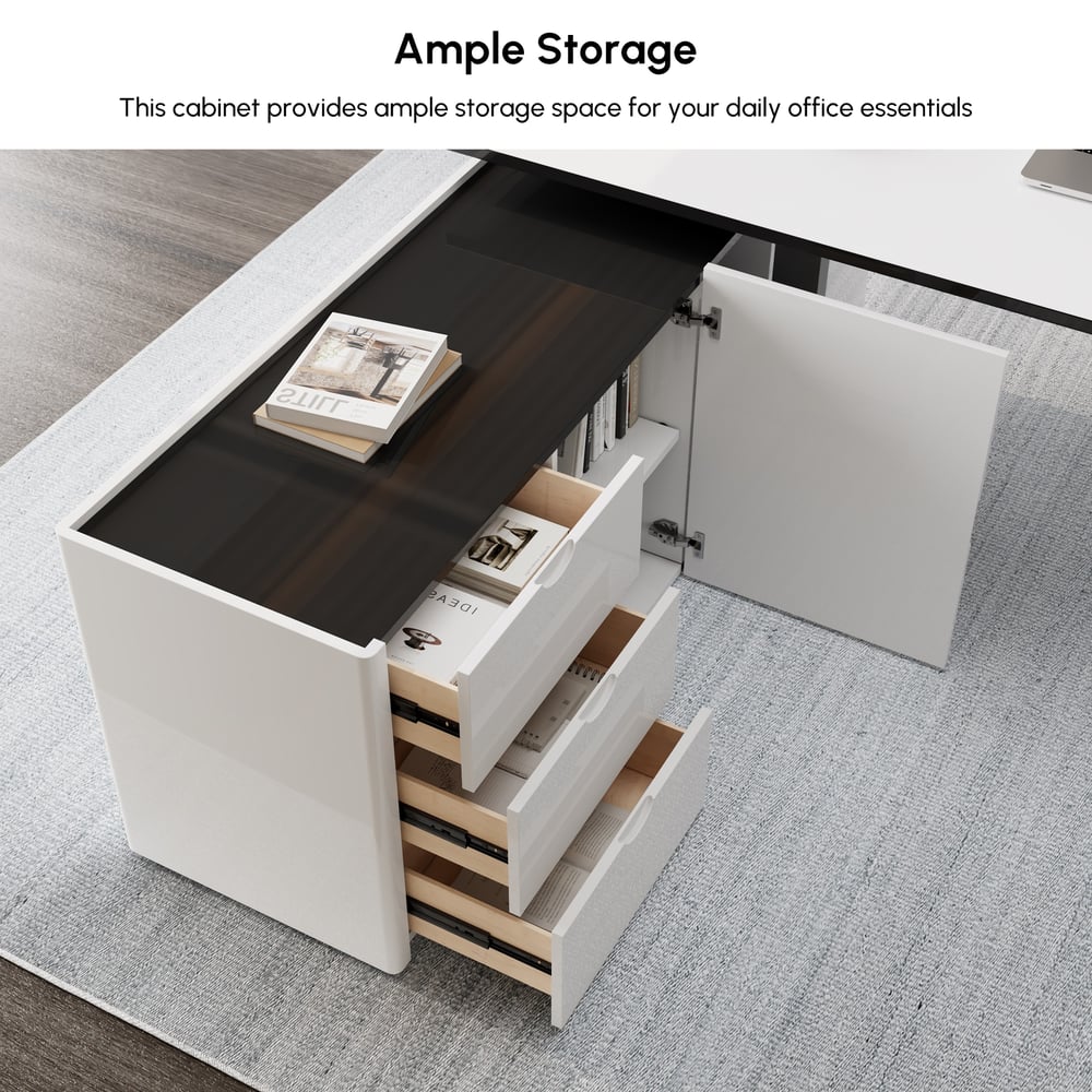 L-Shaped Left Hand Modern White Office Desk with Storage window image