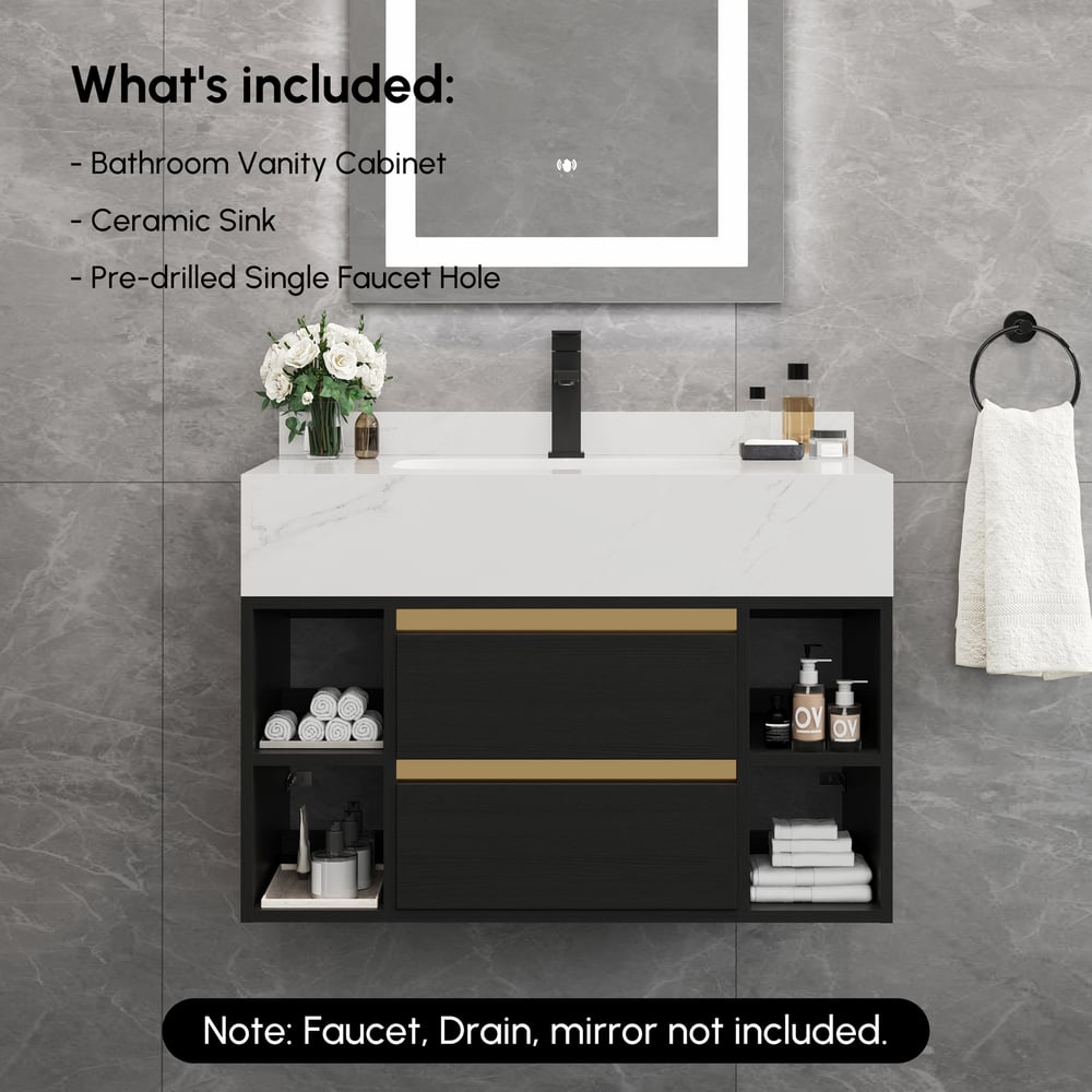 Modern 800 mm Floating Single Bathroom Vanity with Sink in Black, Sintered Stone Top window image