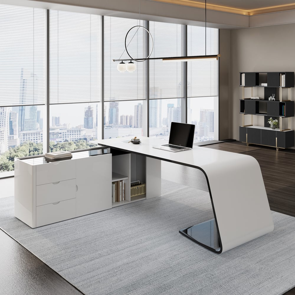L-Shaped Left Hand Modern White Office Desk with Storage window image