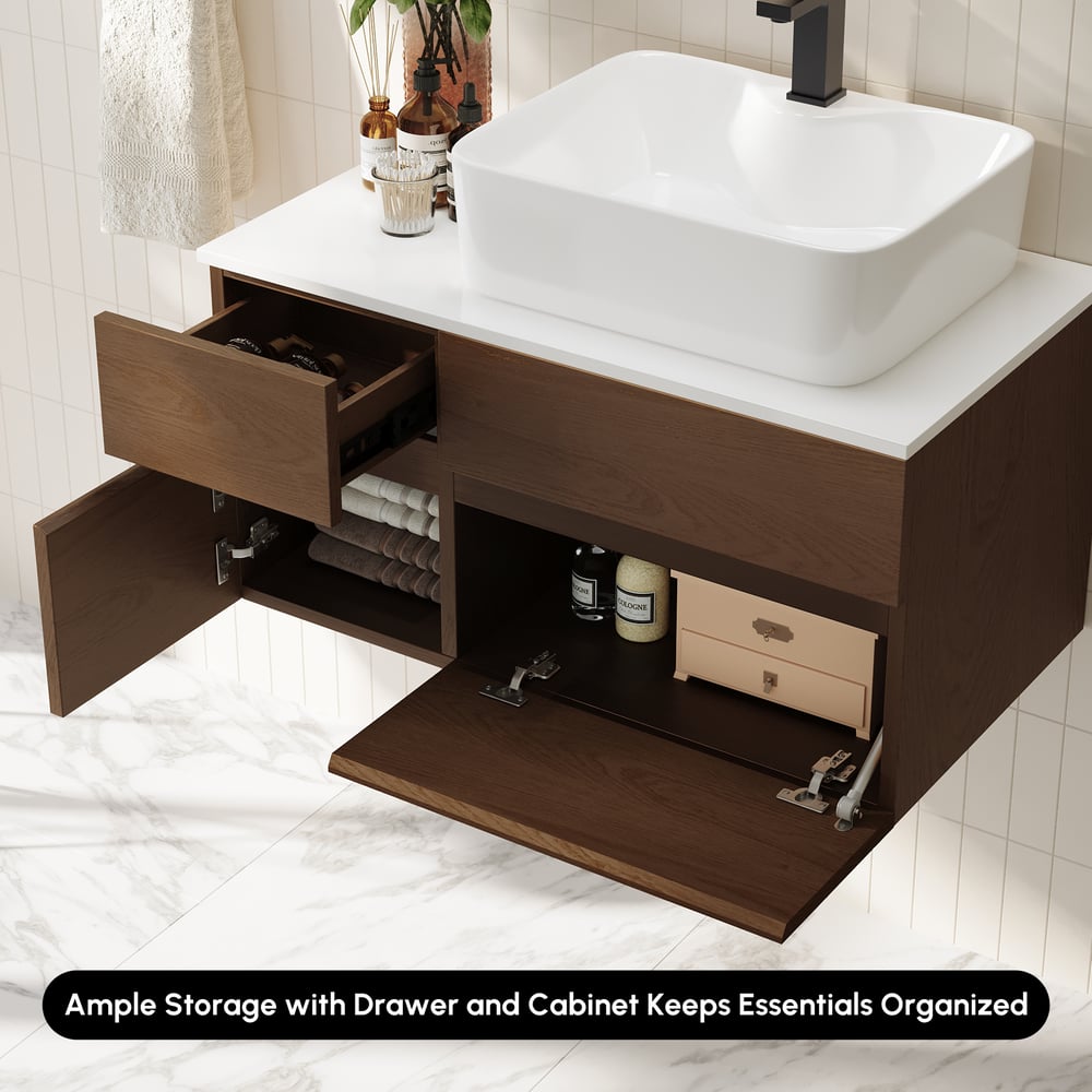 Modern 80 cm Floating Single Bathroom Vanity with Stone Resin Top, Ceramic Basin window image