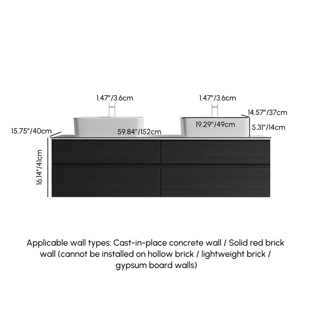 Modern 150 cm Floating Double Bathroom Vanity with Stone Resin Top, Ceramic Basin weights dimensions image