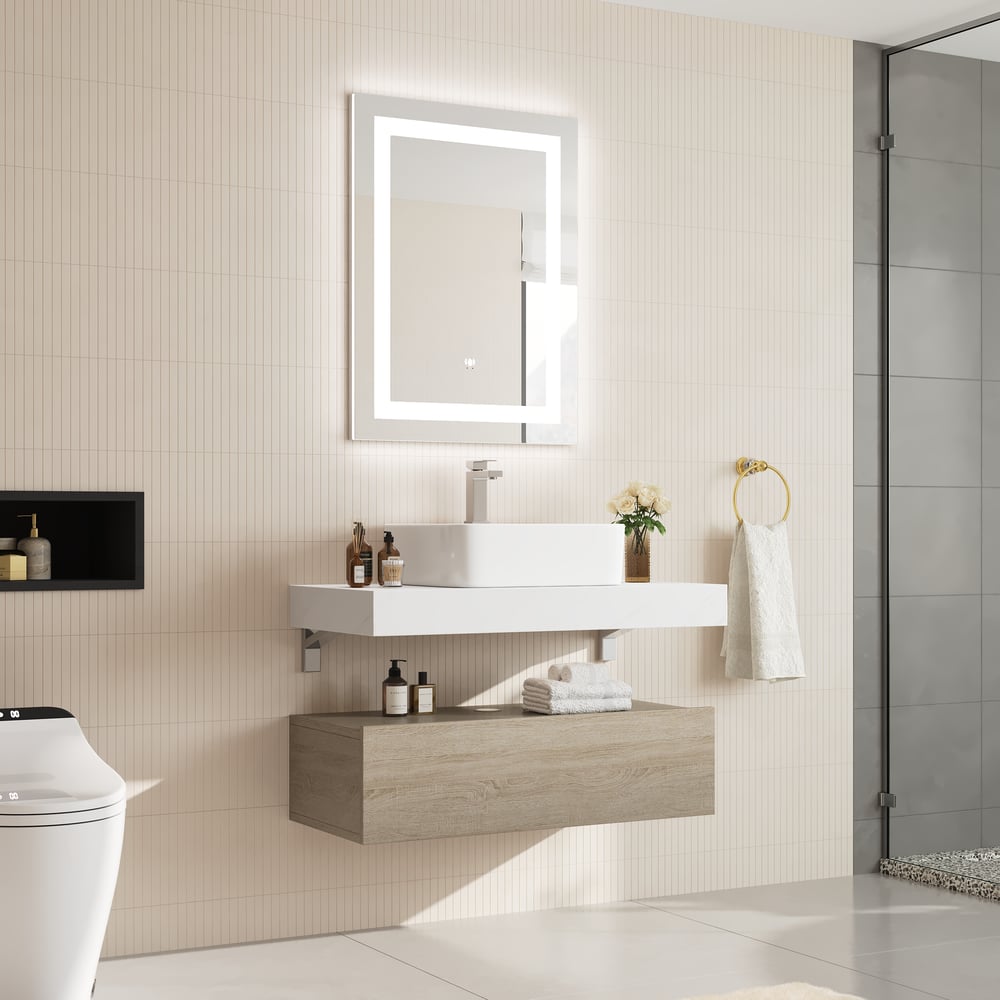 Modena 90 cm schwebender Einzel-Badezimmer-Waschtisch mit Waschbecken, Arbeitsplatte aus gesintertem Stein Schaufensterbilder