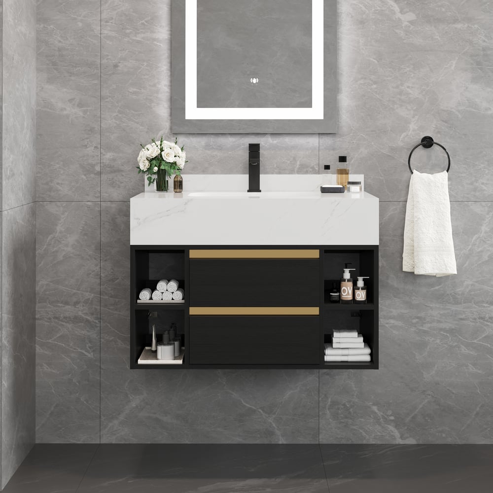 Avis Clients sur Meuble-lavabo simple flottant de 80 cm Moderne avec évier en Noir, plateau en pierre frittée