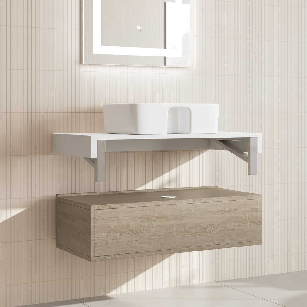 Modena 90 cm schwebender Einzel-Badezimmer-Waschtisch mit Waschbecken, Arbeitsplatte aus gesintertem Stein Schaufensterbilder