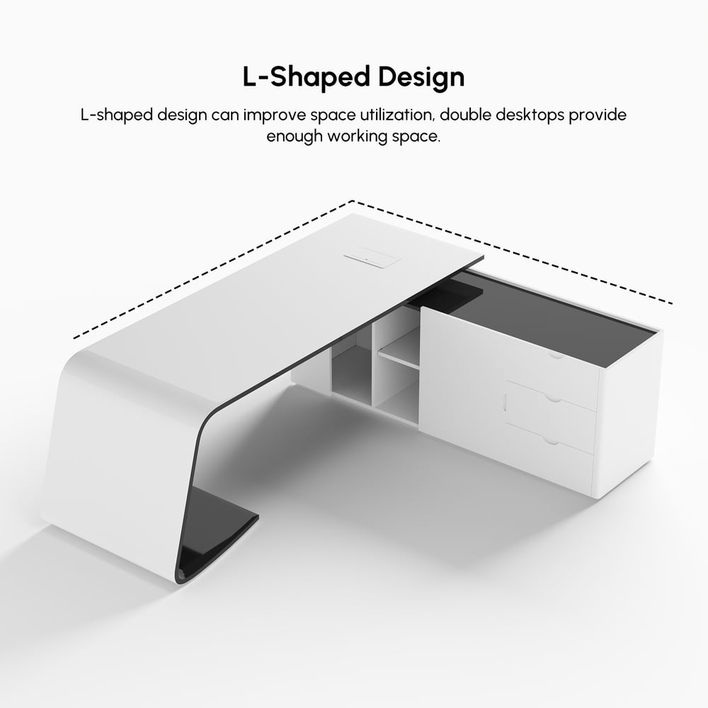 Moderní bílý kancelářský stůl ve tvaru písmene L s úložným prostorem obrázek okna