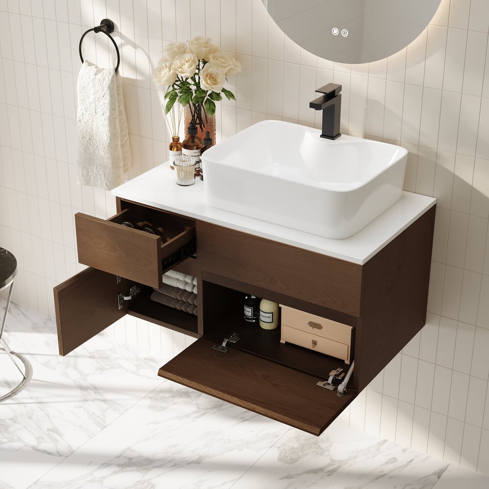 Modern 80 cm Floating Single Bathroom Vanity with Stone Resin Top, Ceramic Basin window image