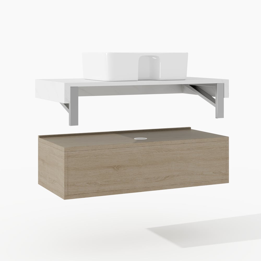 Modena 90 cm schwebender Einzel-Badezimmer-Waschtisch mit Waschbecken, Arbeitsplatte aus gesintertem Stein Schaufensterbilder