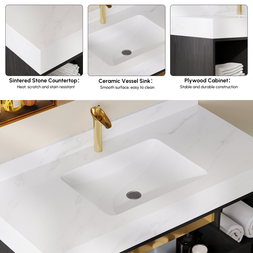Modern 1001 mm Floating Single Bathroom Vanity with Sink in Black, Sintered Stone Top window image