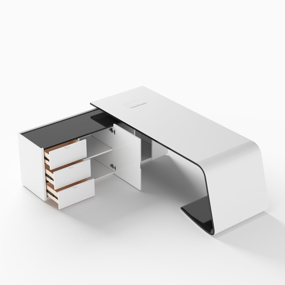 L-Shaped Left Hand Modern White Office Desk with Storage window image