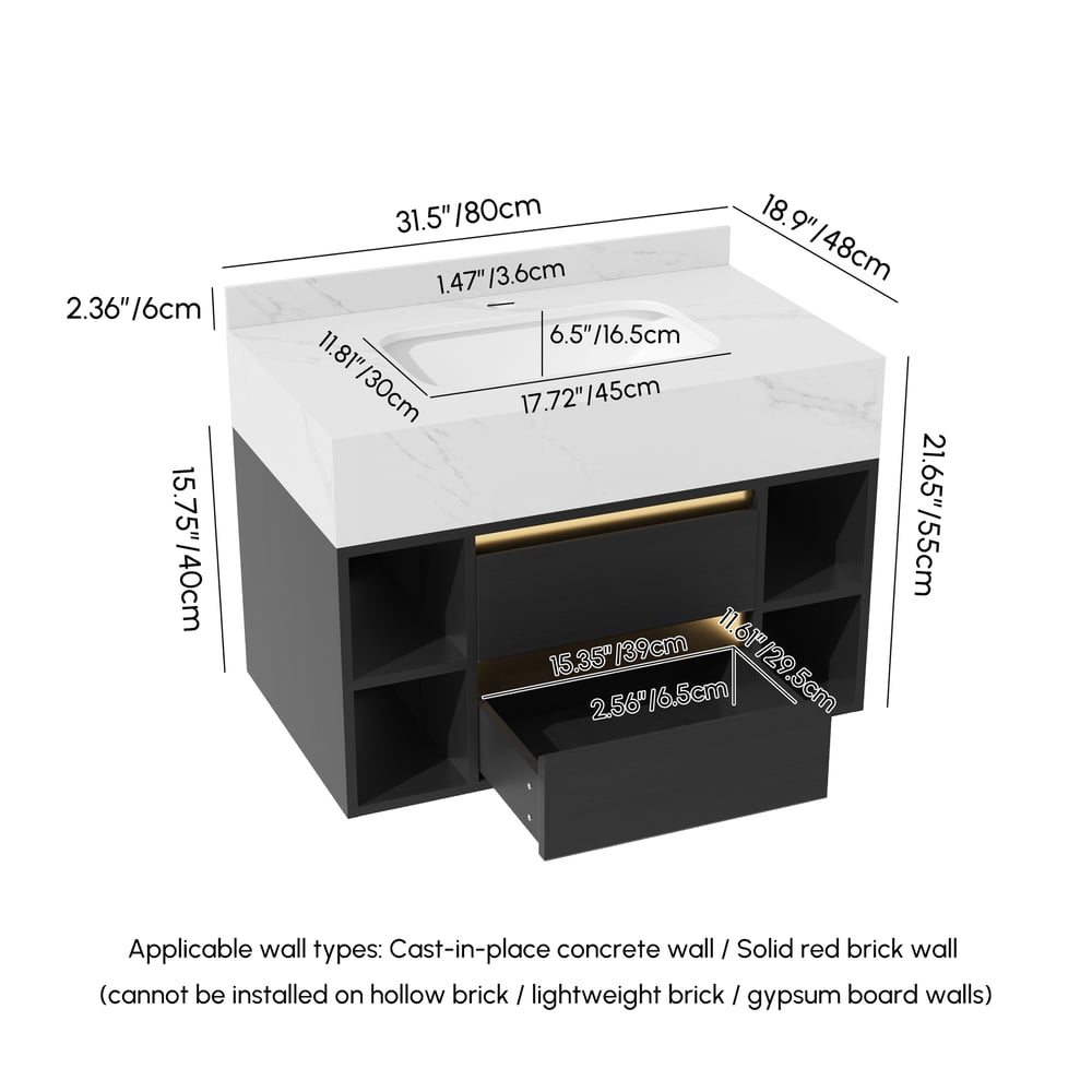 Modern 800 mm Floating Single Bathroom Vanity with Sink in Black, Sintered Stone Top weights dimensions image