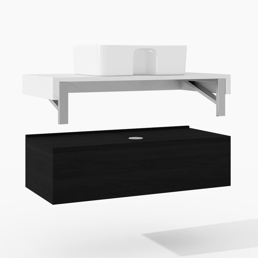 Meuble-lavabo simple flottant Modena de 90 cm avec évier, plan en pierre frittée image de fenêtre